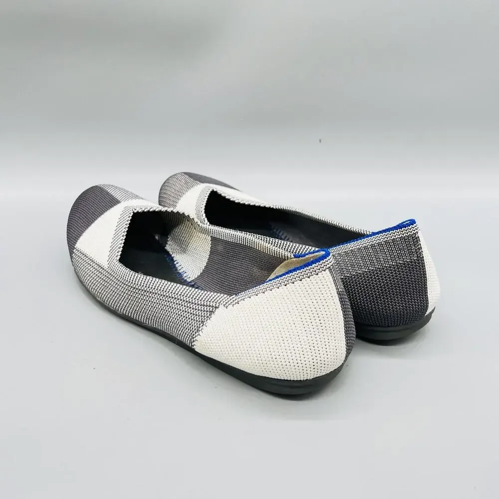 Rothy's Shoes Womens 8.5 Gray White Knit The Flat Ballet Flats Slip On Comfort